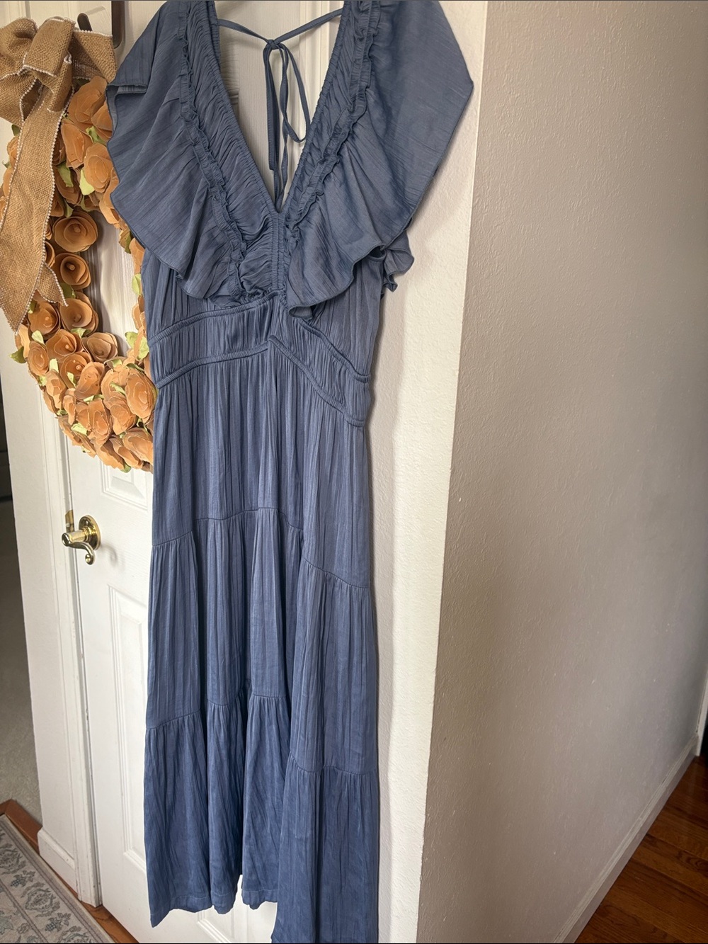 Joie V Neck Ruffled Midi Dress. Slate blue size L.